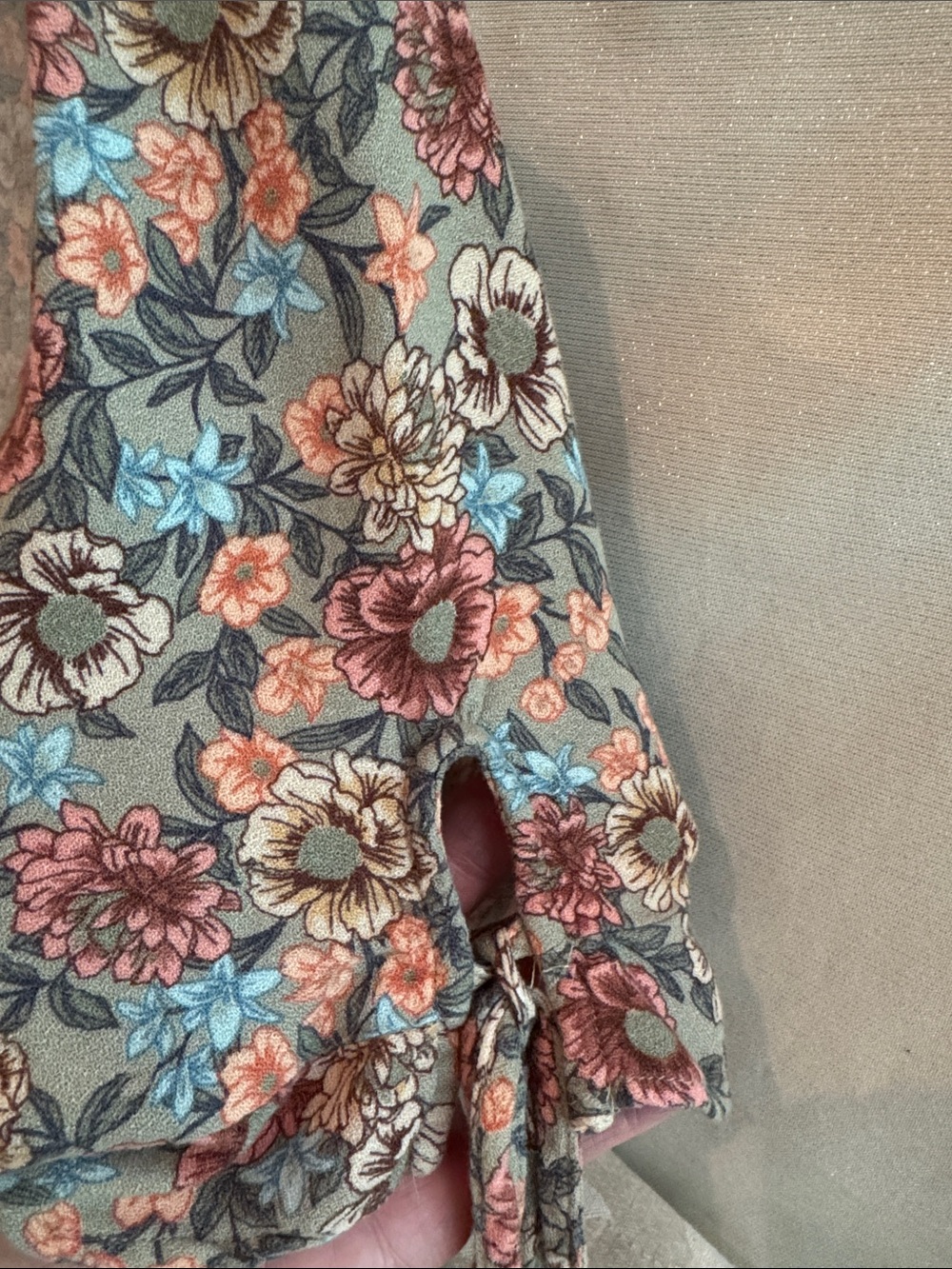 Maurices Dusty GreenFloral Wrap Top with Peach and Cream Blooms - Picture 6 of 12
